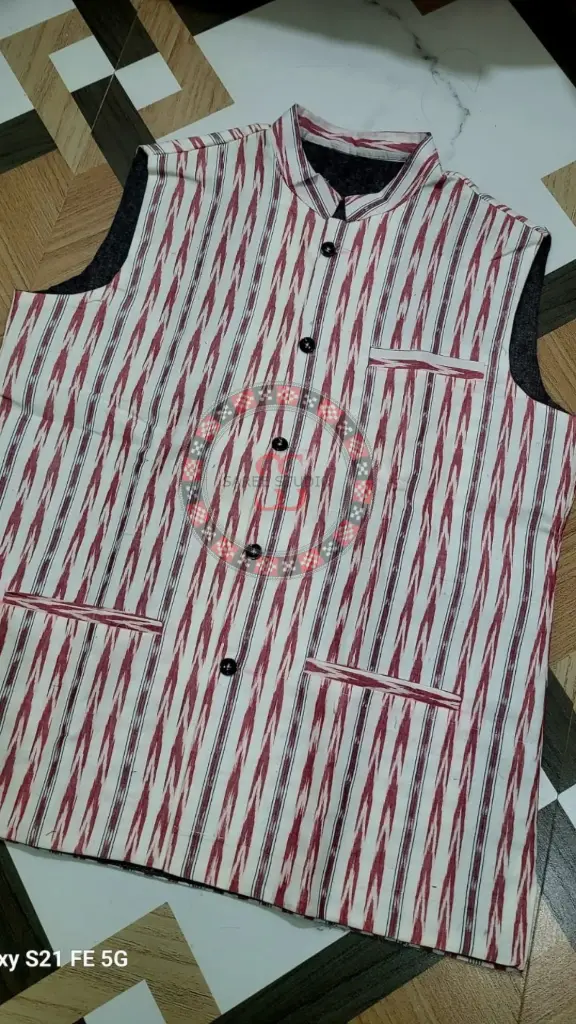 Red & White Sambalpuri Ikat Nehru Jacket