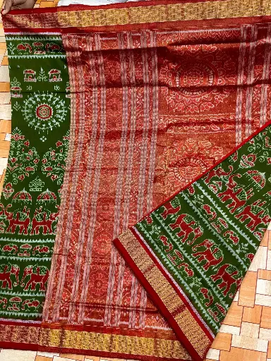 Regal Greens – Elephant & Tree Motif Sambalpuri half Tissue Saree