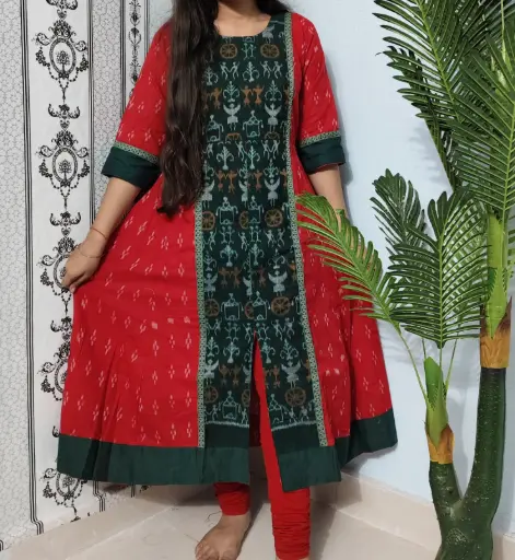 red with green gown