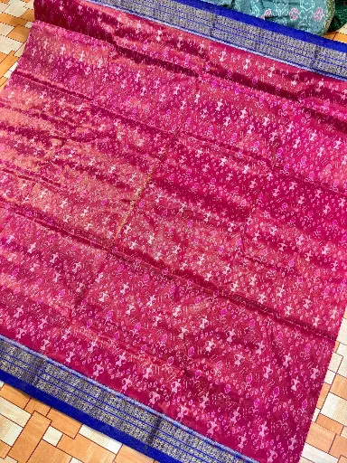 Royal Blue & Wine Half Tissue Ikat Saree