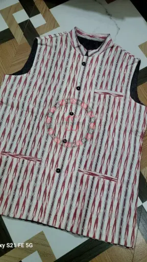 Red & White Sambalpuri Ikat Nehru Jacket