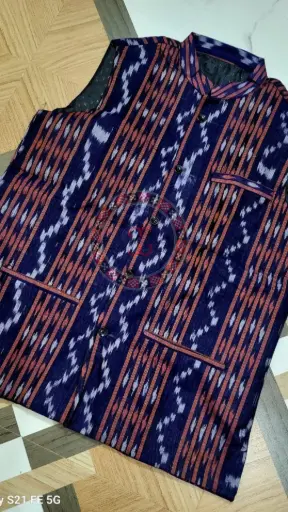 Navy Blue & Maroon Sambalpuri Ikat Nehru Jacket