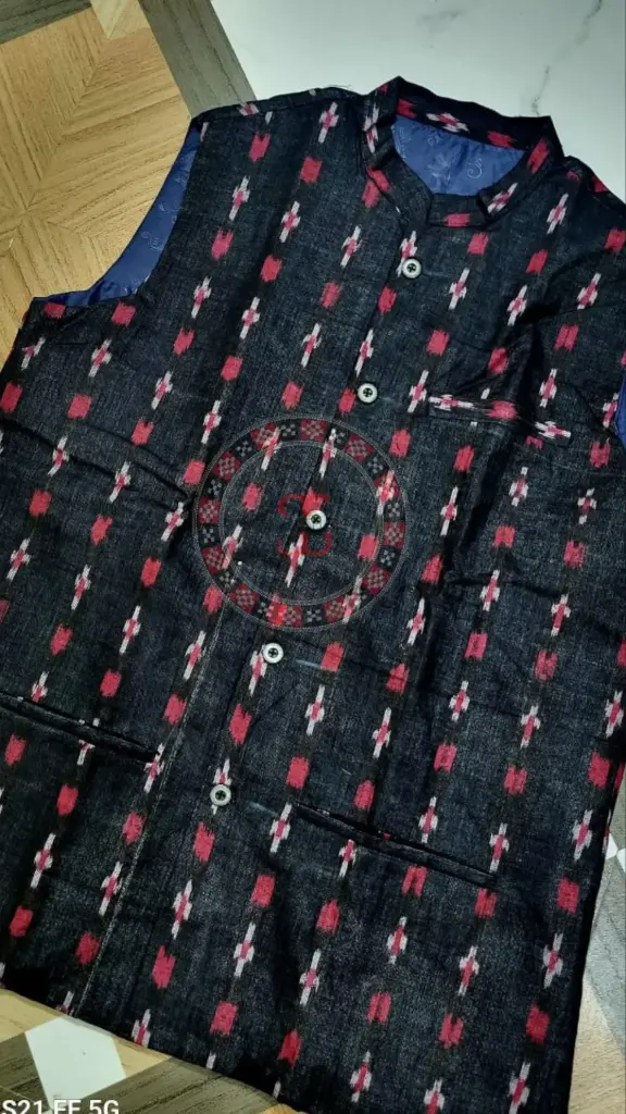 Black Sambalpuri Ikat Jacket with Red Motifs