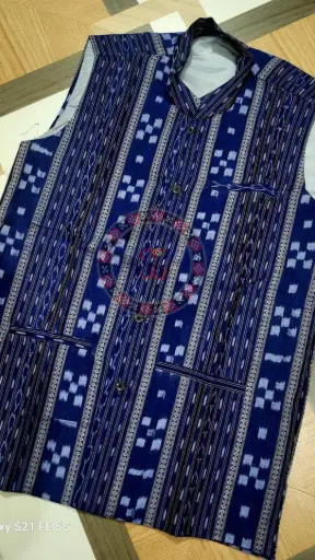 Blue Sambalpuri Ikat Nehru Jacket with White Patterns