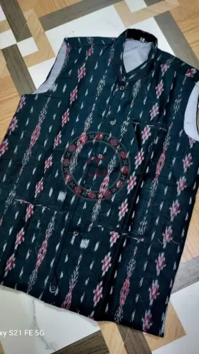 Black Sambalpuri Ikat Nehru Jacket with Maroon & White Patterns