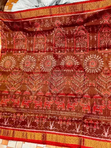Maroon Full Tissue Saree with Royal Motifs