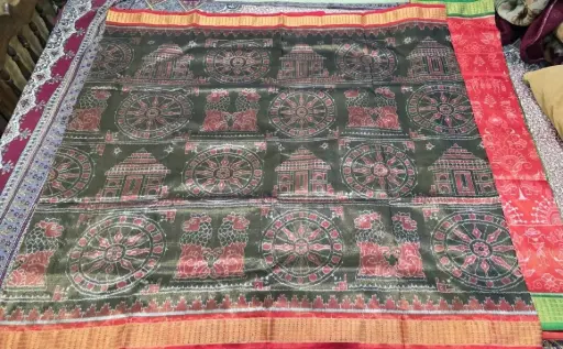 Black Full Tissue Saree with Konark Chakra & Temple