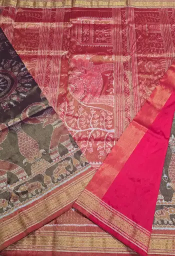 Red & Brown Full Tissue Saree with Elephant Designs