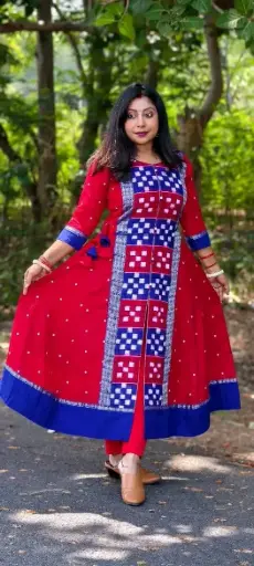 Red with blue gown